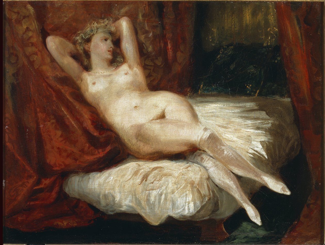 Kanepede yatan çıplak kadın çalışması, beyaz çoraplı kadın dedi - tuval üzerine yağlıboya by Ferdinand Victor Eugene Delacroix