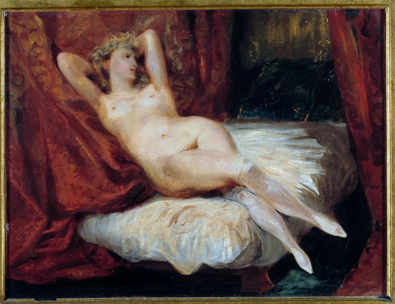 Kanepede yatan çıplak kadın çalışması, beyaz çoraplı kadının söylediğini söyledi Boyama Eugene Delacroix (1798-1863) by Ferdinand Victor Eugene Delacroix