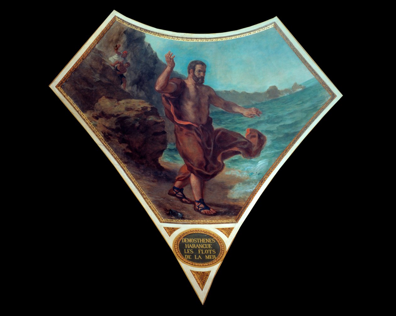 Yunan siyasi konuşmacısı Demosthene, Ulusal Meclis kütüphanesinin kubbesini süsleyen Eugene Delacroix (1798-1863) tarafından Atina halkının meclislerinin kargaşasına ve telaşına kendini sertleştirmek için denizin dalgalarını seslendirdi (P. by Ferdinand Victor Eugene Delacroix