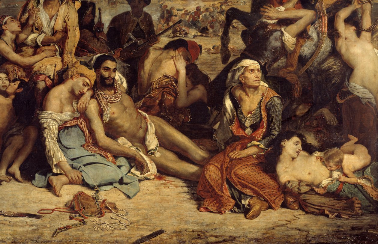 Scio katliamları. Yunanistan'ın Osmanlılara karşı bağımsızlık savaşını betimleyen sahne: Ölümü veya köleliği bekleyen Yunan sivilleri. Detay. Eugene Delacroix (1798-1863) tarafından yapılan boyama by Ferdinand Victor Eugene Delacroix