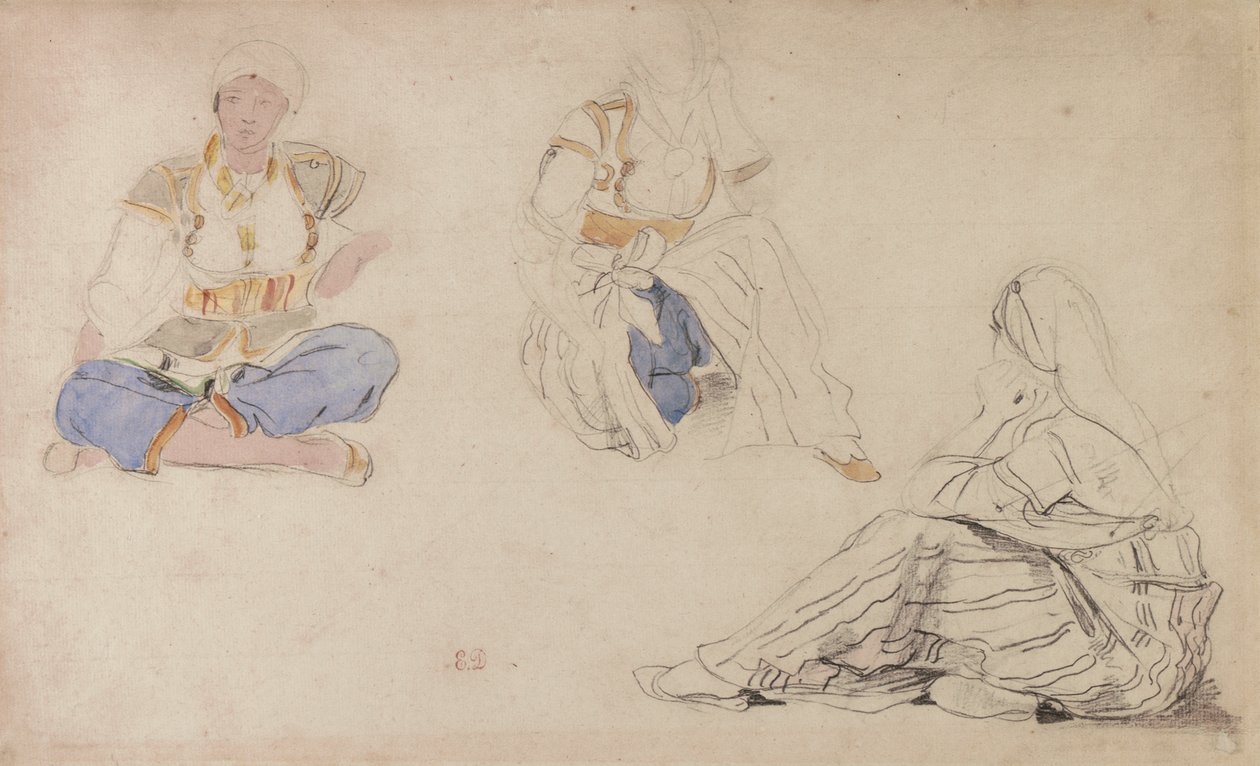 Oturan Faslı Bir Kızın Üç Çalışması (kağıt üzerine siyah kurşun ve suluboya) by Ferdinand Victor Eugene Delacroix