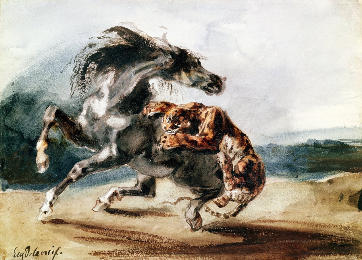 Vahşi Ata Saldıran Kaplan (kalem ve mürekkep ve kağıt üzerine sulu boya) by Ferdinand Victor Eugene Delacroix