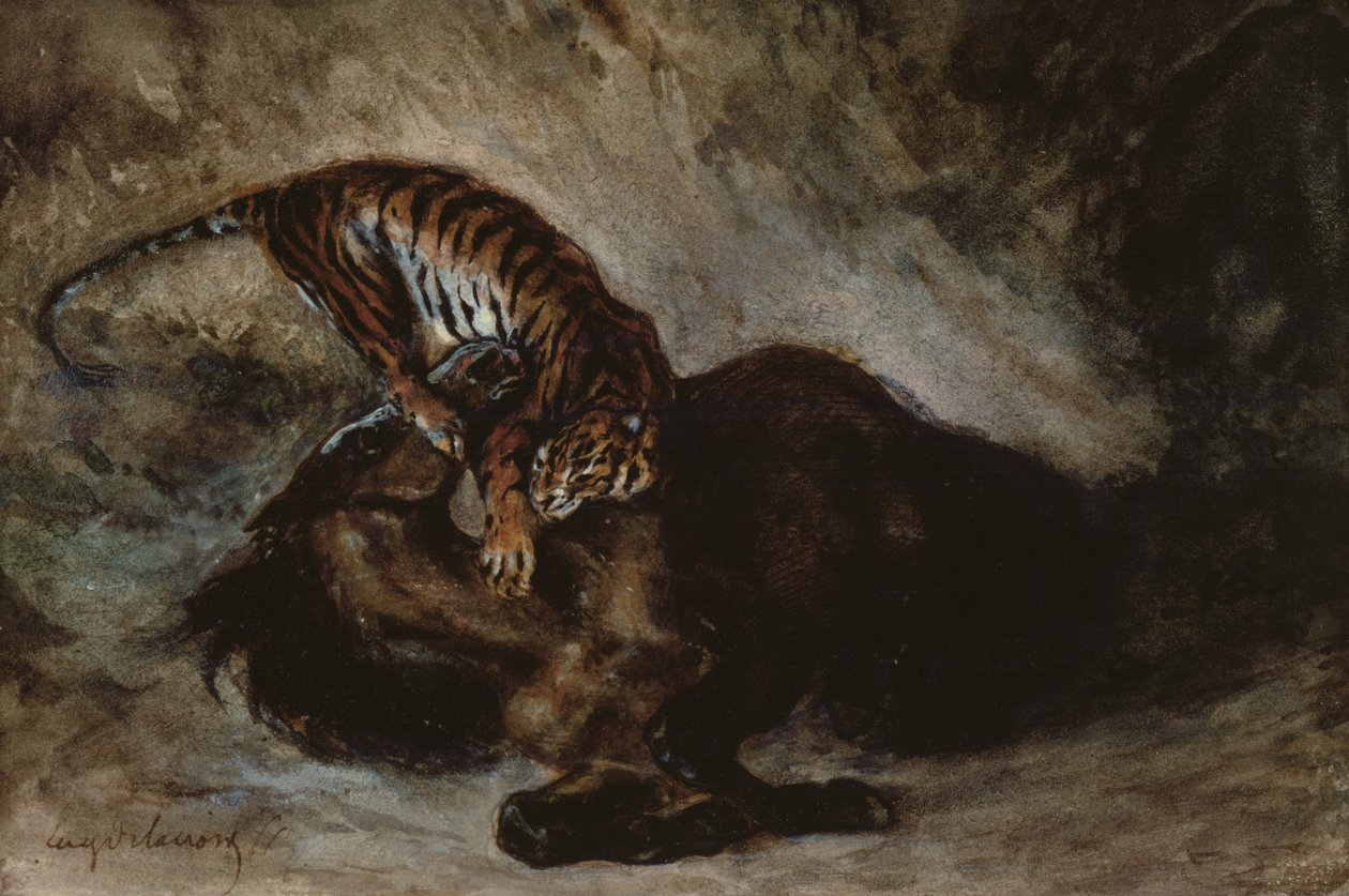 Bir ata saldıran kaplan (kağıt üzerinde wc) by Ferdinand Victor Eugene Delacroix