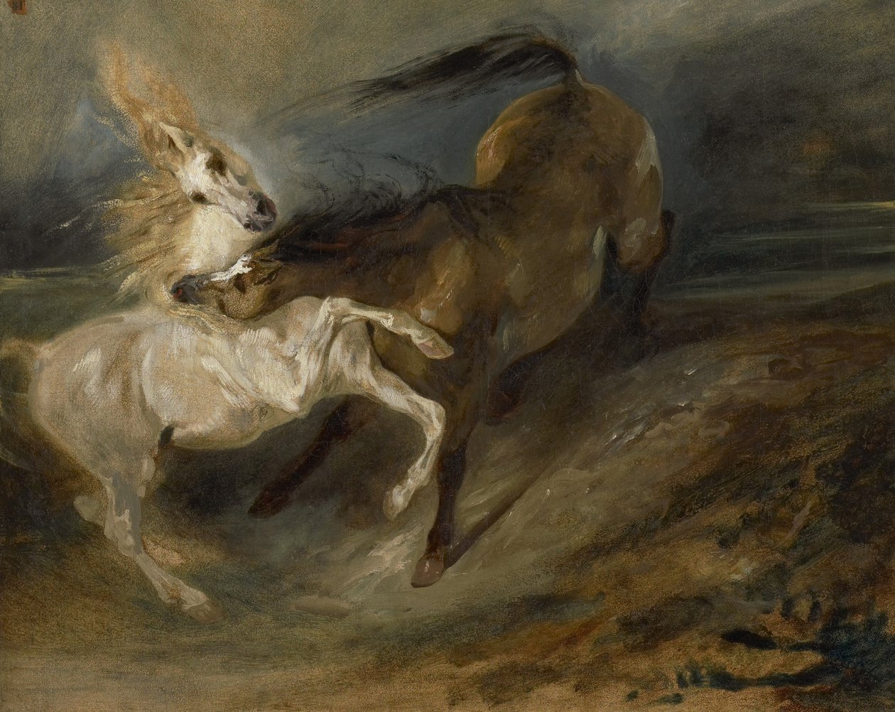 Fırtınalı bir manzarada dövüşen iki at, 1828 dolayları by Ferdinand Victor Eugene Delacroix
