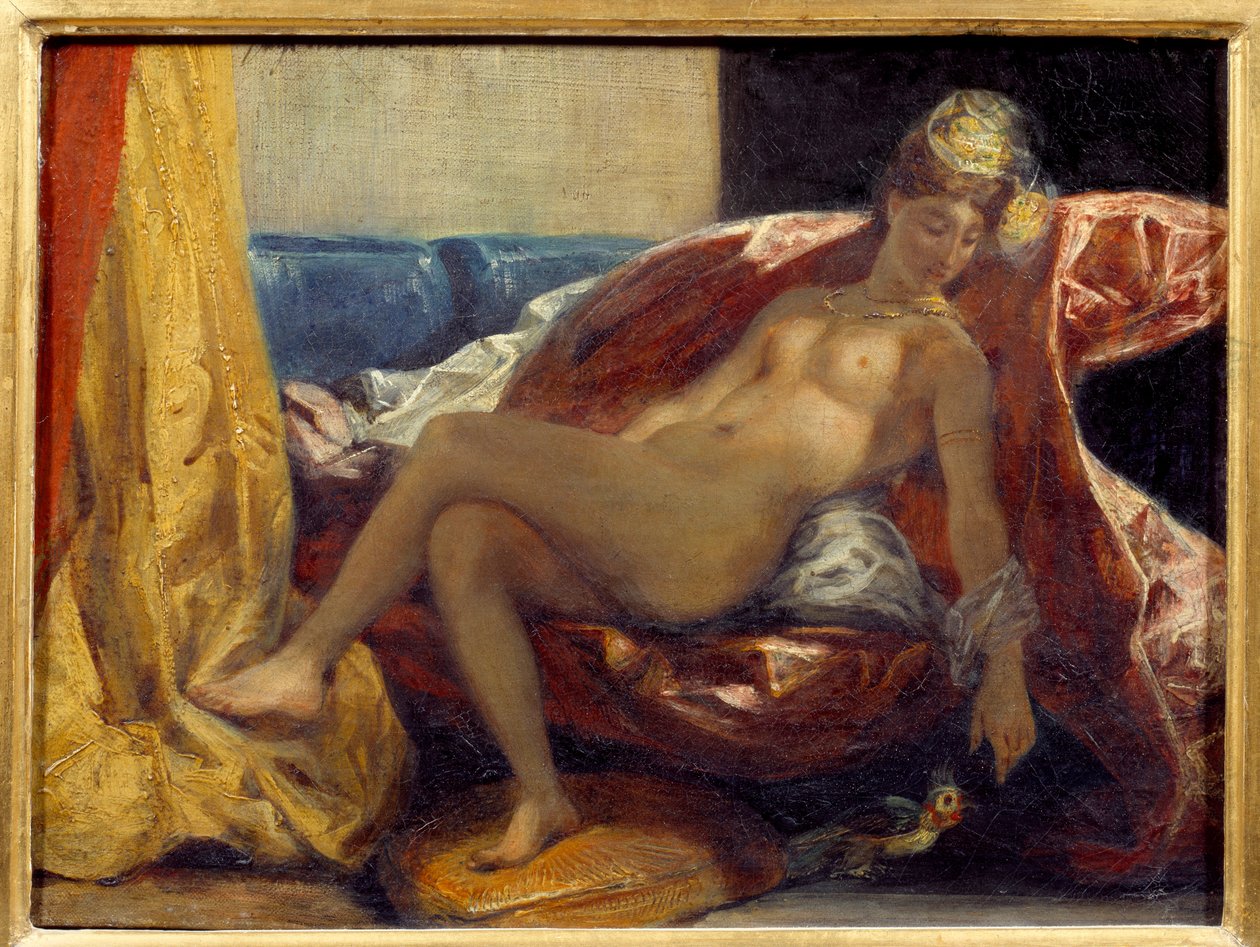Bir papağan oyma kadın. Eugene Delacroix (1798-1863) tarafından yapılan boyama by Ferdinand Victor Eugene Delacroix