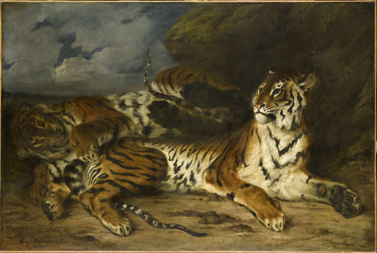 Annesiyle Oynayan Genç Kaplan, 1830. by Ferdinand Victor Eugene Delacroix