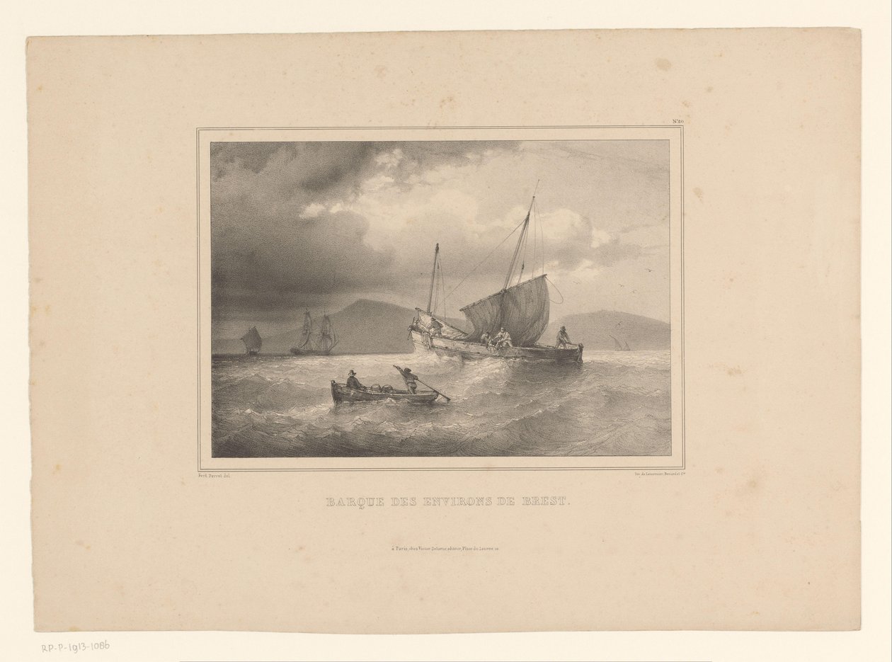 Yüksek dalgalar arasında telli brig Brick a la cote (nesne üzerindeki başlık) Deniz Çalışmaları, Ferdinand Victor Perrot (dizi adı) by Ferdinand Victor Perrot