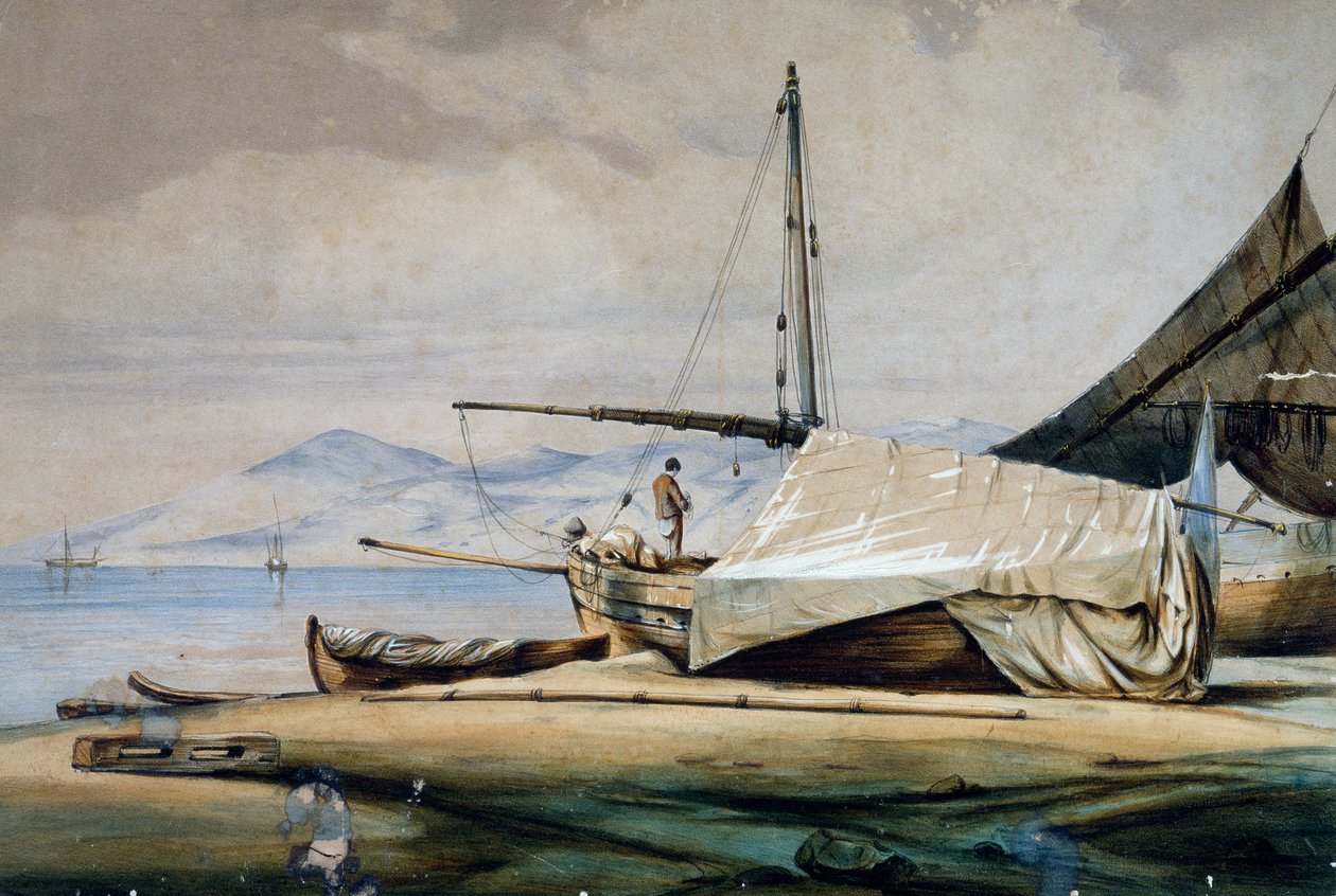 Leudi, Ligurya balıkçı teknesi, Ferdinand Perrot tarafından renkli litografi by Ferdinand Victor Perrot