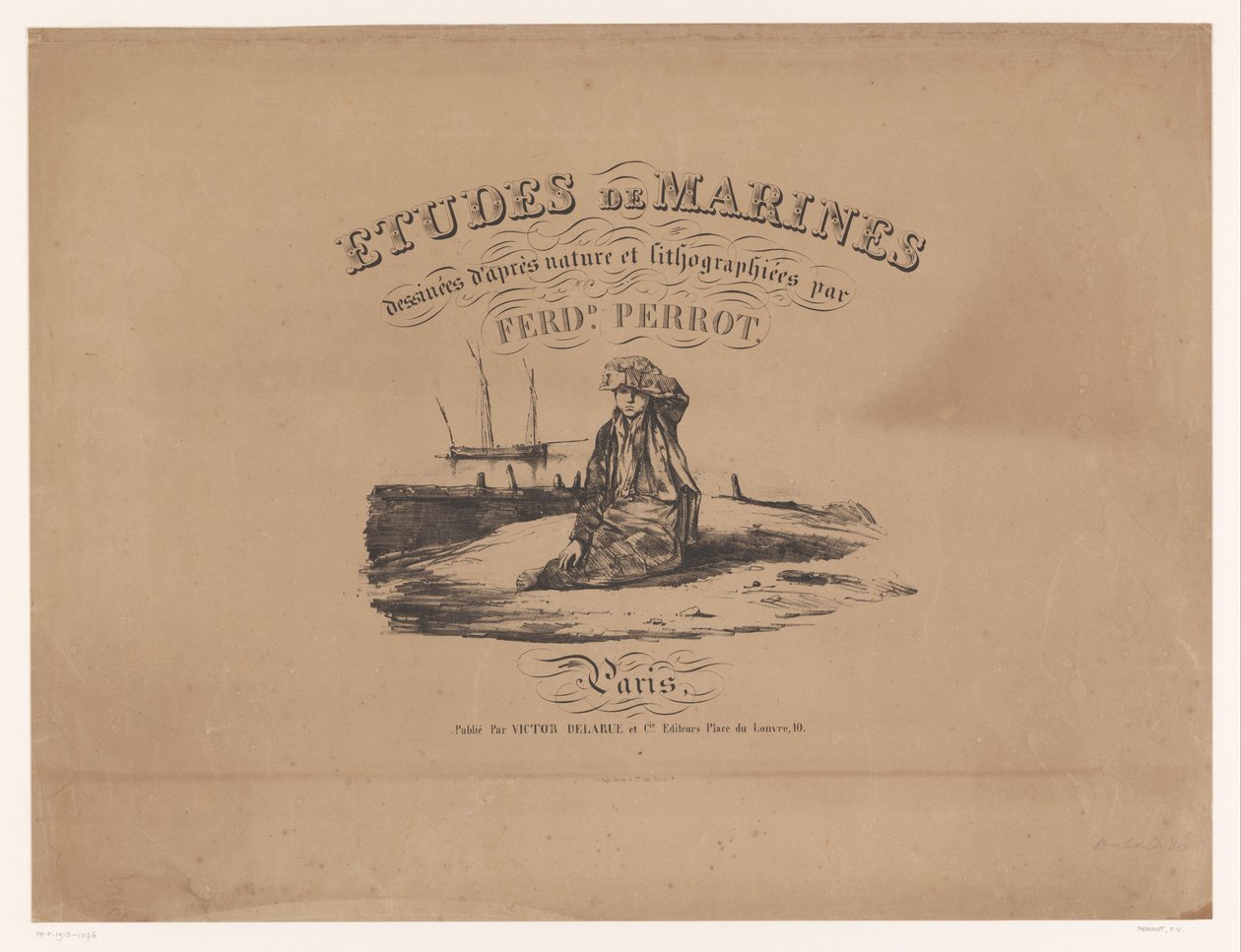Gemi etütlerinin baskıları için kapak Gemi etütleri (seri başlığı) Etudes de marines, dessinées d'après nature et litographiées by Ferdd. Perrot (nesne üzerinde dizi başlığı) by Ferdinand Victor Perrot