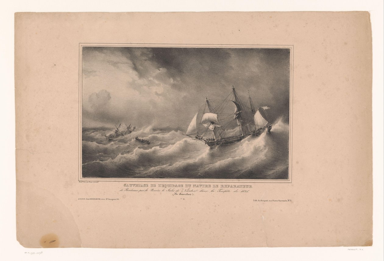 Redding van de bemanning van het schip de Reparateur Reparateur gemisinin mürettebatının 1825 fırtınasında Jules de Nantes gemisiyle Bordeaux'dan kurtarılması. (Ile Bourbon) (nesne üzerindeki başlık) Rivieren en zeeën langs de Franse kust (seri) baştan by Ferdinand Victor Perrot