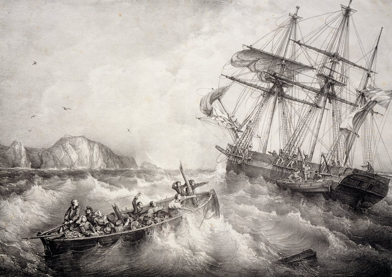 İsveç gemisi Le Neptune tarafından Breton balıkçı teknesinin mürettebatının kurtarılması, Ferdinand Perrot tarafından Lithograph by Ferdinand Victor Perrot