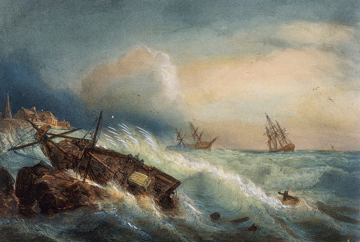 Saint Nazaire kıyısında gemi enkazı, Ferdinand Perrot, Fransa tarafından renkli litografi by Ferdinand Victor Perrot