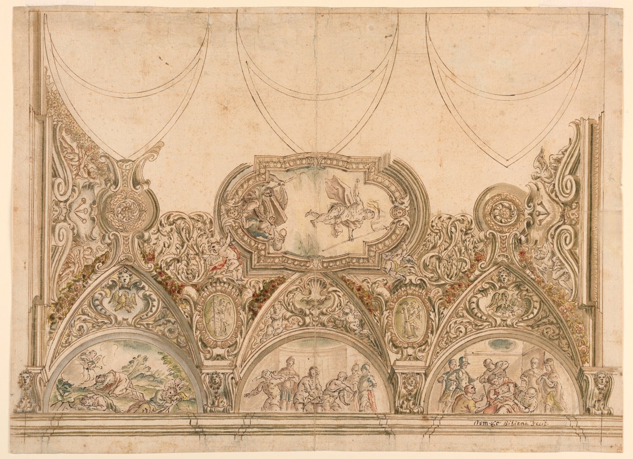 Bir şapelin tavanının dekorasyonu için tasarım by Ferdinando Galli Bibiena