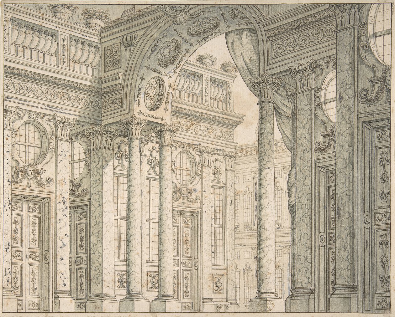 Avlulu ve Zafer Takılı Bir Sahne Seti İçin Perspektif Tasarımı, ca. 1675-1743. by Ferdinando Galli Bibiena