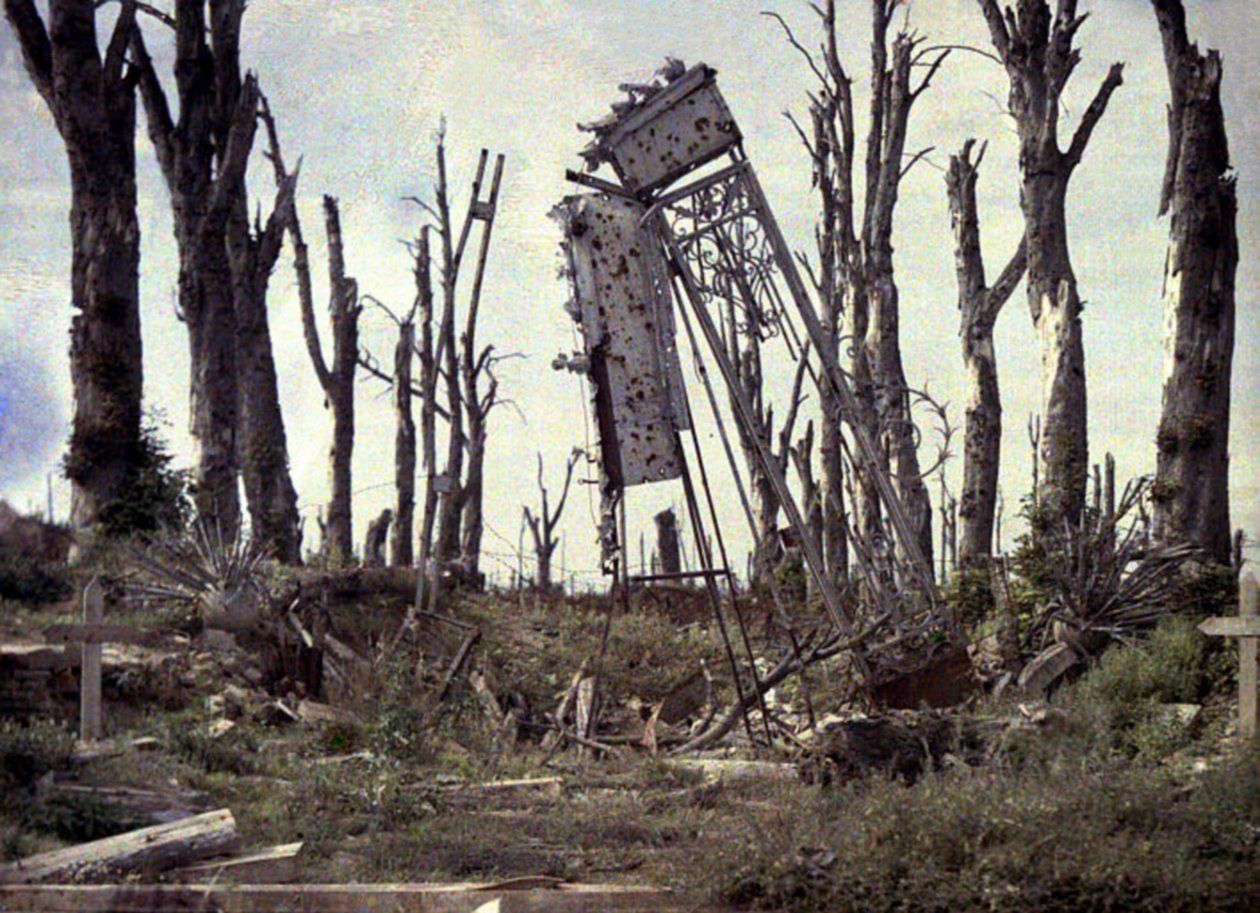 Kale kapısı ve topçu ateşiyle hasar gören ağaçlar, Chaulnes, Somme, Fransa, 1917 (otokrom) by Fernand Cuville