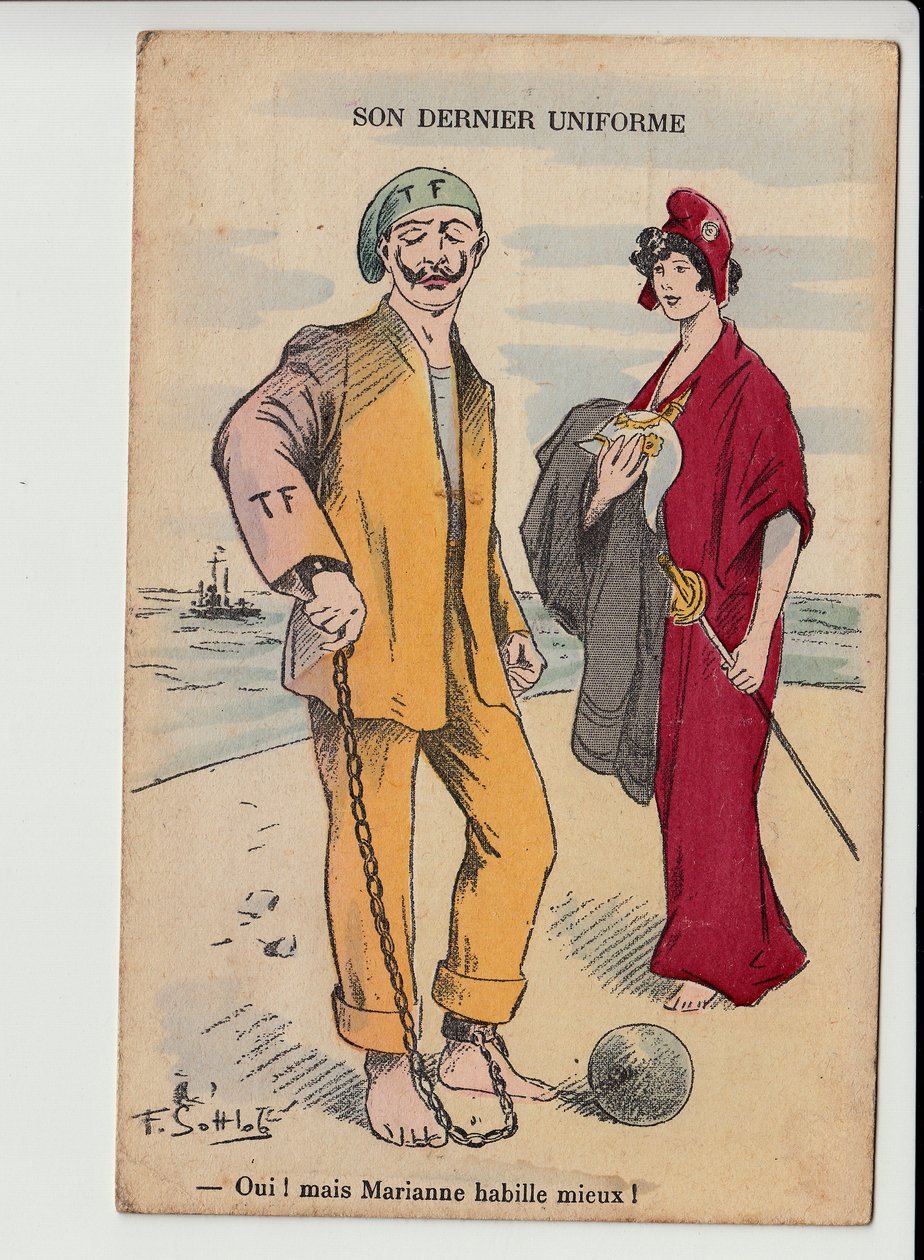 Kartpostal, Renklerde Hiciv: Son Üniforması - 14-18 Savaşı - Marianne, II. William Gottlob tarafından İllüstrasyon (1873-1935) by Fernand Louis Gottlob