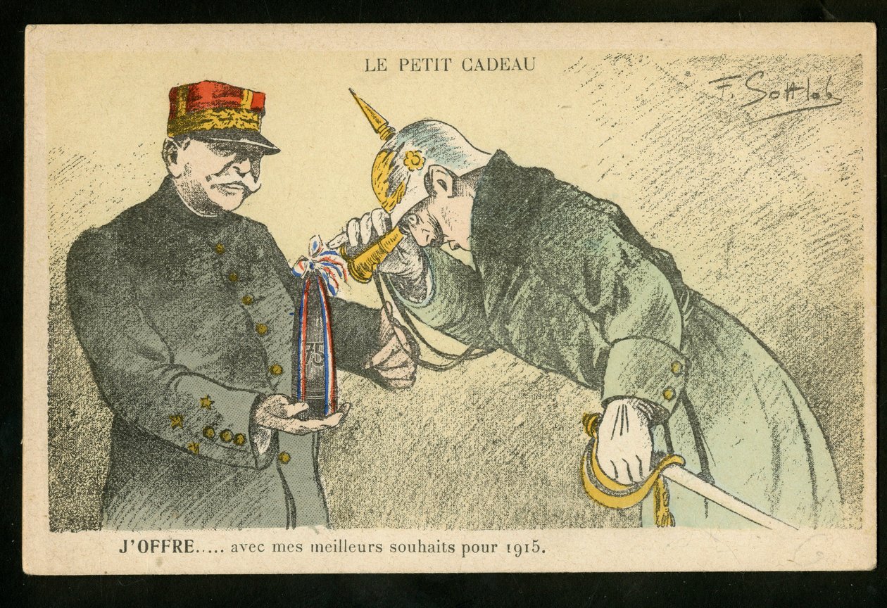 Kartpostal, Renklerde Hiciv, ca. 1914_12: 1915 için en iyi dileklerimle sunduğum küçük bir hediye - 14 -18 Savaşı, Kanunlar, mermiler - William II, Joffre Gottlob tarafından İllüstrasyon (1873-1935) by Fernand Louis Gottlob