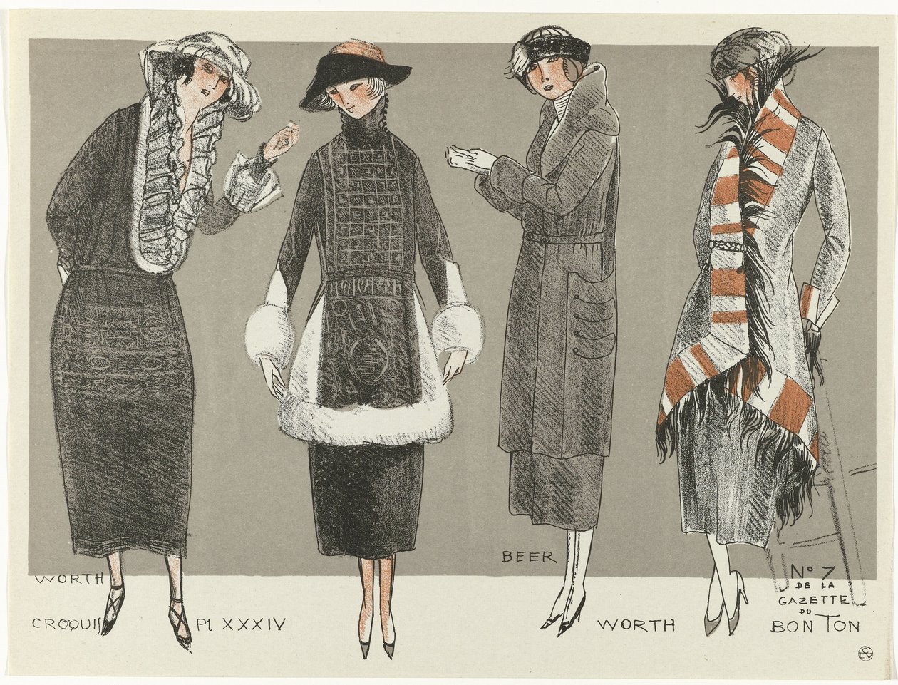 Gazette du Bon Ton, 1920 - No. 7, Croquis Pl XXXIV: Değer / Bira / Değer (nesne üzerindeki başlık) by Fernand Siméon
