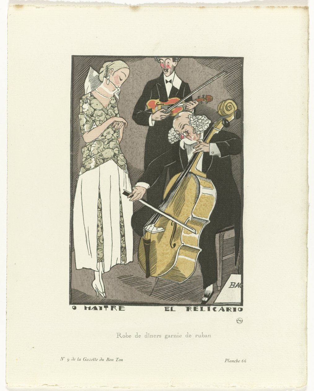 Gazette du Bon Ton, 1920 - No. 9, Pl. 66: O Maitre el Relicario / Kurdele ile süslenmiş akşam yemeği elbisesi (nesne üzerindeki başlık) by Fernand Siméon