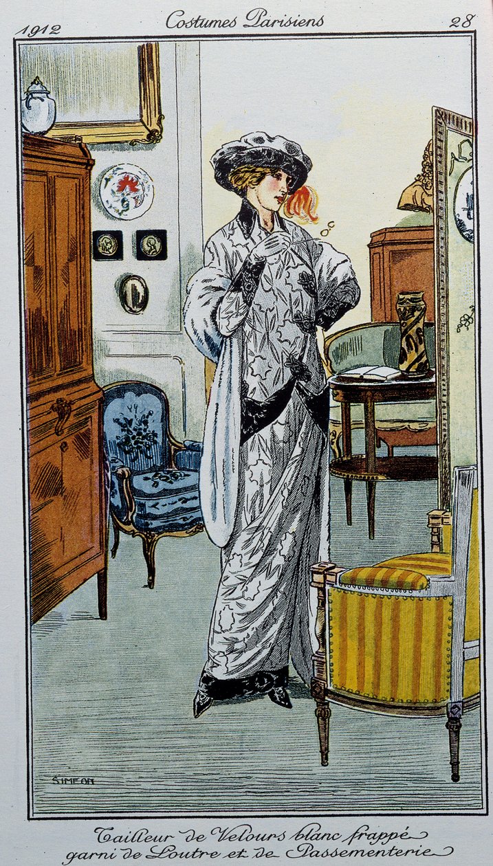 Paris Kostümleri: Su samuru ve süslemeli çizgili beyaz kadife terzi Dessine by Fernand Simeon by Fernand Siméon