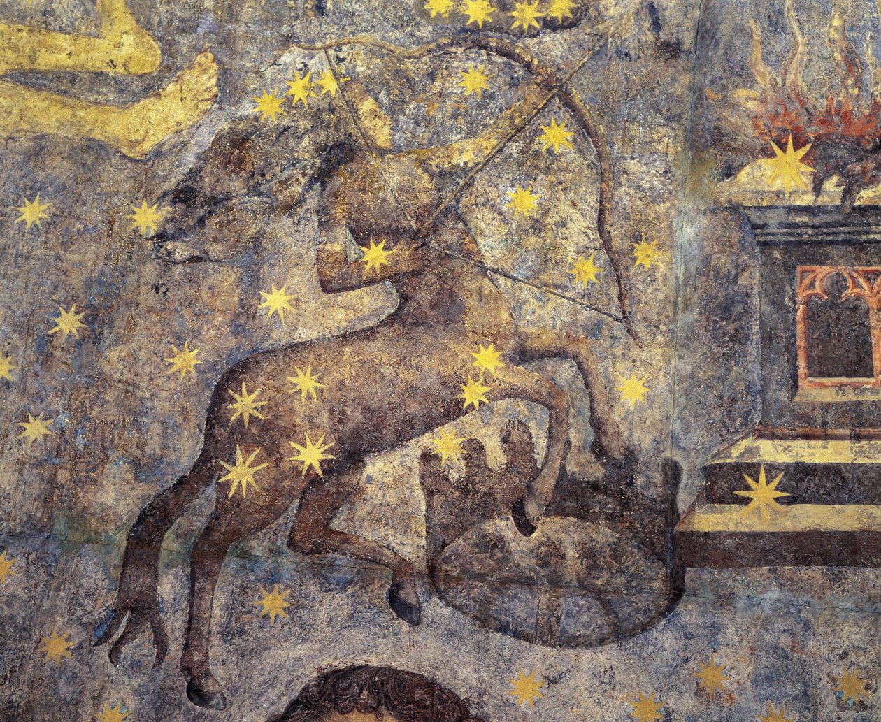Gotik dönem. Zodyak Kubbesi (1485), Fernando Gallego (1440-1507). XV. Yüzyıl. Duvar boyamaları. İspanya, Kastilya'daki Salamanca Üniversitesi'nin kütüphanesini süslüyorlar. Zodyak burçlarını temsil eder. Sentor. Takımyıldızının sembolü. by Fernando Gallego
