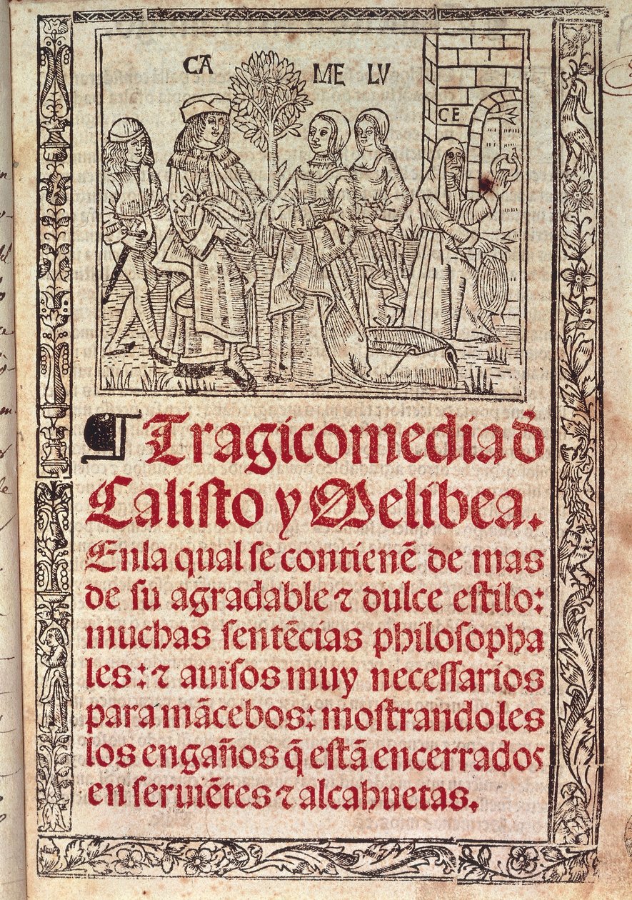 The Celestina or The Tragicomedy of Callisto and Melibea'nın kapağında parşömen üzerine minyatür, by Fernando de Rojas
