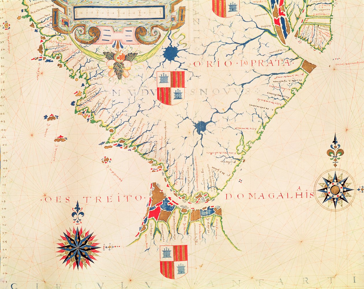 Fol.13 Map of South America and the Magellan Straits, from an atlas, 1571  by Fernao Vaz Dourado