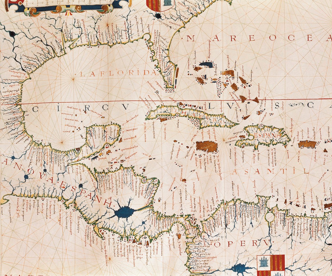 Portulan: Küba, Florida, Orta Amerika ve Kuzey Latin Amerika kıyılarının adını taşıyan coğrafi harita, Fernao VAZ DOURADO Hidrografik Atlası (16. yüzyıl) by Fernao Vaz Dourado