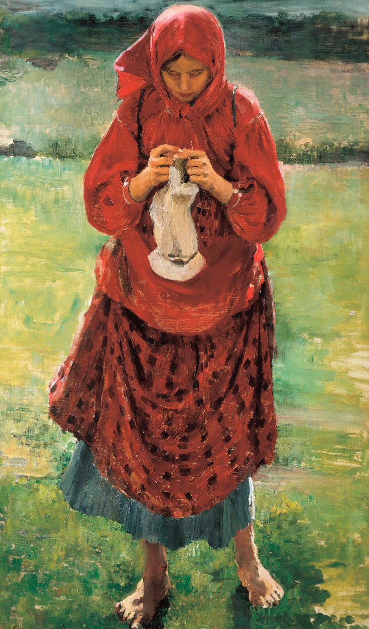 Çorap ören genç bir köylü kadın by Filipp Andreevich Maliavin