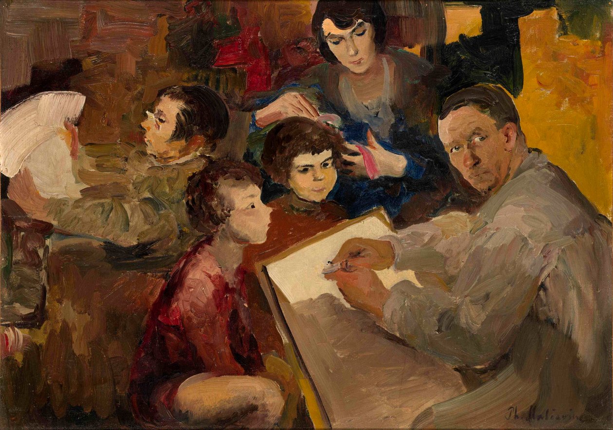 Aile ile Otoportre - Tablo Filip Andreyevich Maliavin (Maliavine) (veya Andreyevich Malyavin) (1869-1940), tuval üzerine yağlı boya (46.5x64,5 cm), Rus sanatı, 19. yüzyıl sonu - 20. yüzyıl başı - Özel koleksiyon by Filipp Andreevich Maliavin