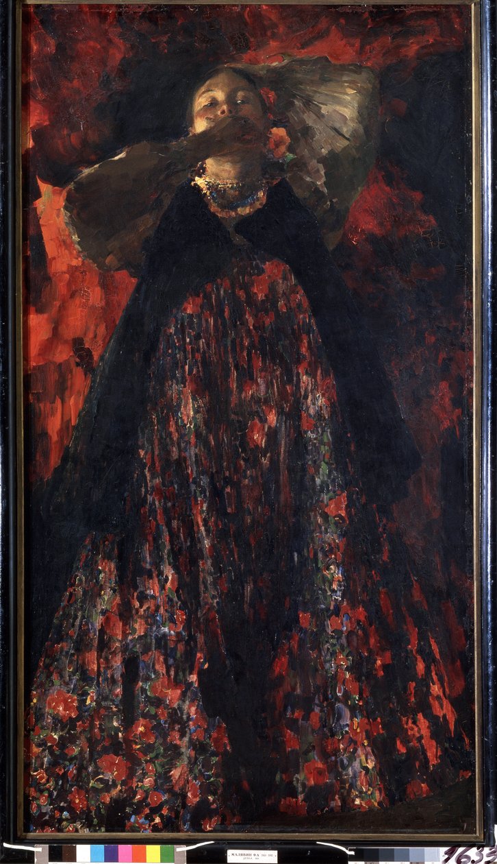 Bir kız (Bir Kız). Geleneksel kostümlü bir köylü kadın. Filipp Andreevich Maliavin (Maliavine) (veya Andreyevich Malyavin) (1869-1940) tarafından yapılan boyama, tuval üzerine yağlı boya by Filipp Andreevich Maliavin