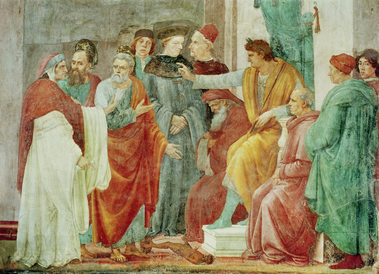 The Dispute with Simon Mago (Nero Enthroned), sunağın sağındaki duvarın alt katı, c.1484-85 by Filippino Lippi