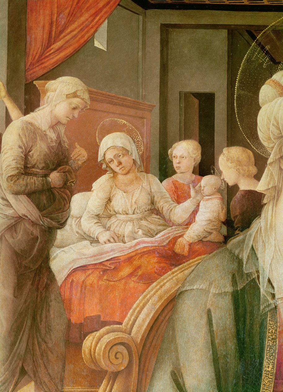 Tondo Bartolini, Madonna and Child (story of Mary), detail of the birth of the Virgin, 1452 (oil on wood) by Filippino Lippi