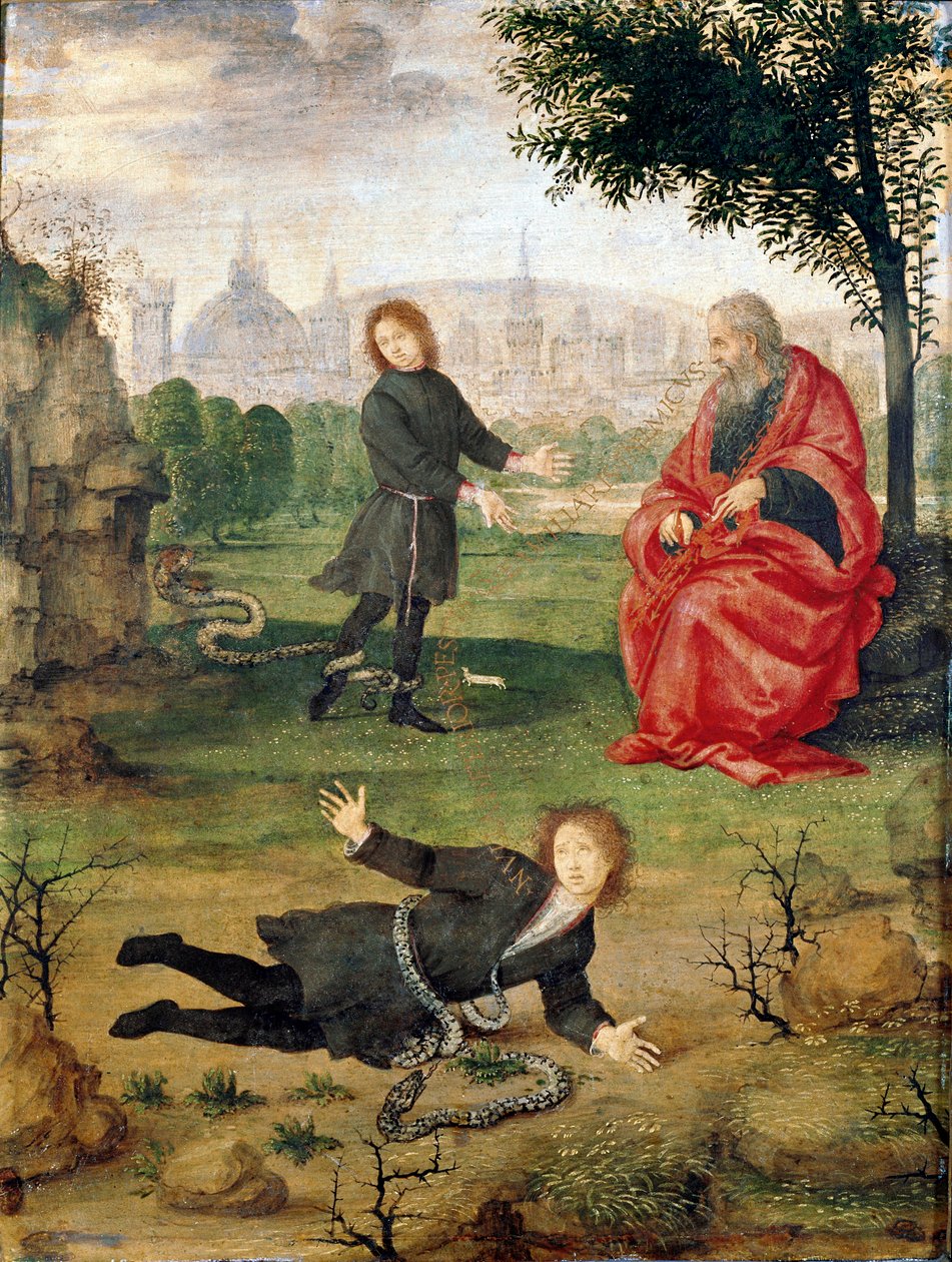 Ortada yazıtlı Medicis ailesinin alegorisi “” Hiçbir yara, ailedeki bir düşmandan daha kötü değildir”” Filipinli Lippi (1457-1504) tarafından yapılan resim 1494-1495 yakl. Güneş. 30x23 cm Florence Galleria degli Uffizi (Ofisler) - Medici ailesinin alegoris by Filippino Lippi
