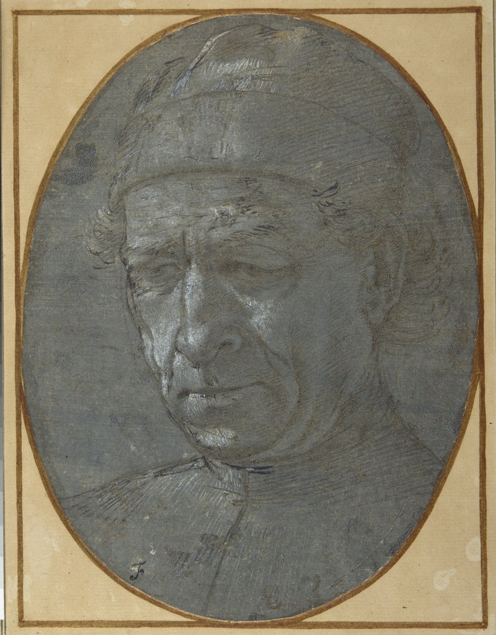 Şapka takan yaşlı bir adamın başı (mavimsi gri hazırlanmış kağıt üzerinde metal nokta) by Filippino Lippi