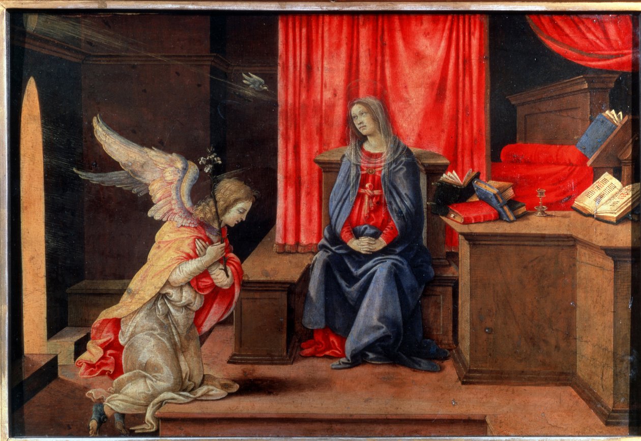 Duyuru. boyama Filippino Lippi (1457-1504), yaklaşık 1490. Ahşap üzerine tempera. Floransalı Rönesans sanatı. Ermitaj Müzesi, Saint Petersburg. by Filippino Lippi