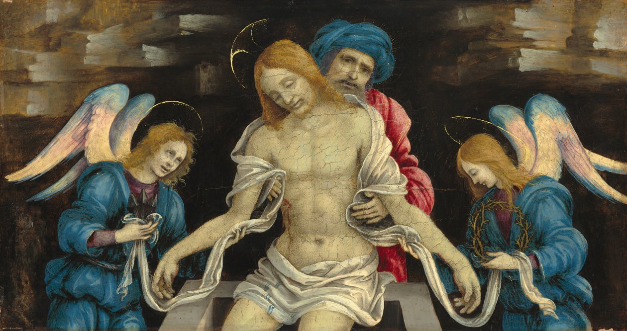 Pietà (Nicodemus ve İki Melek'in Yasını Tutan Ölü İsa), c. 1500 (panelde yağ ve muhtemelen tempera) by Filippino Lippi