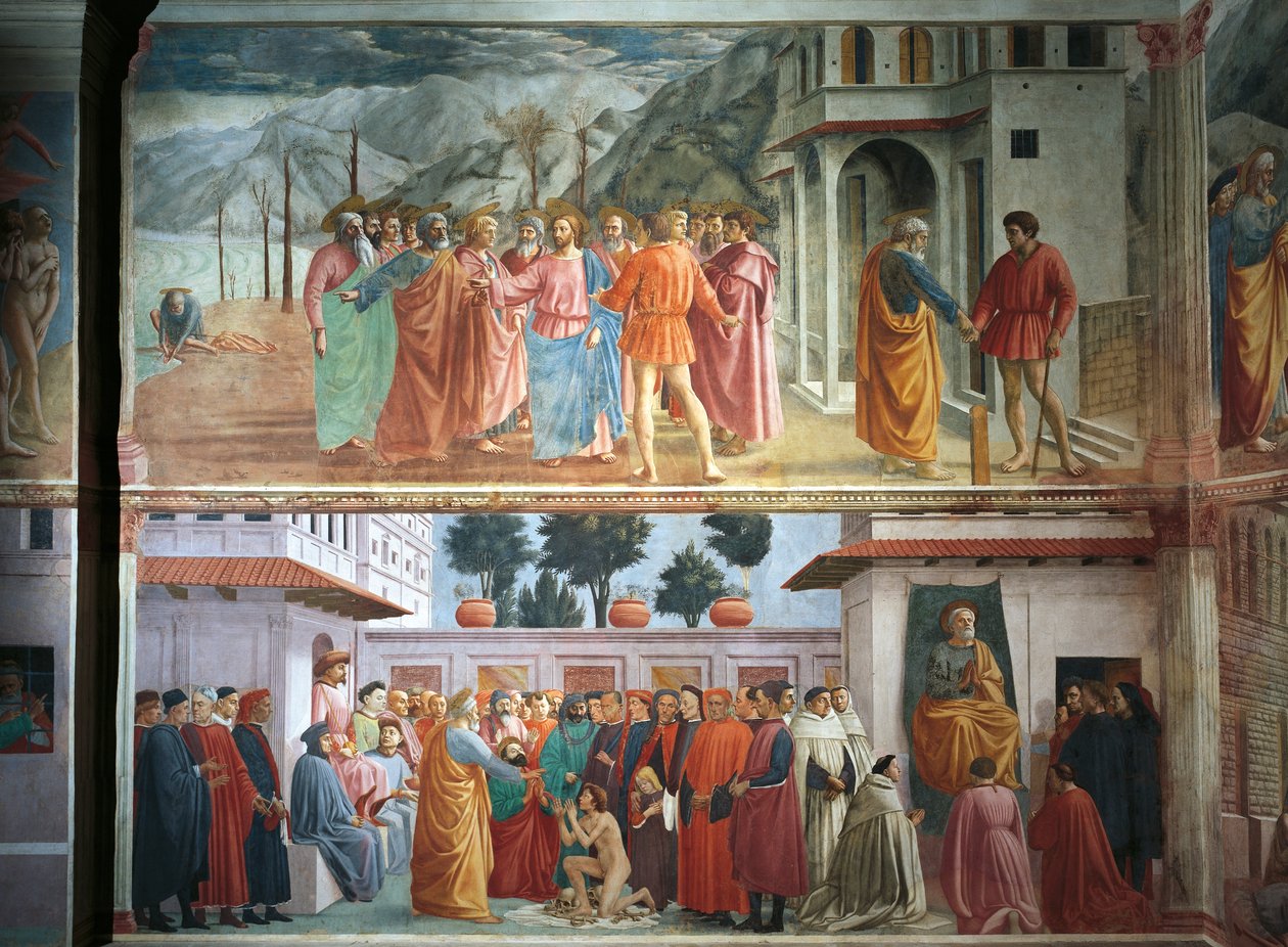 Tribute parası, Tommaso Masaccio tarafından, The Raising of the Oğul of Theophilus ve Saint Peter tahtta, Tommaso Masaccio ve Filippo Lippi tarafından, freskler by Filippino Lippi
