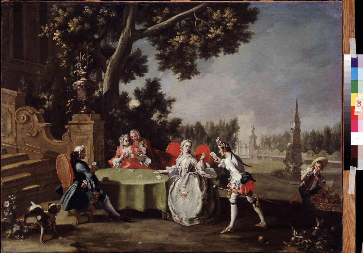 ""Kart Partisi"" Bir bahçede oynayan İtalyan soyluları grubu. Filippo Falciatore (1718-1768) tarafından yapılan boyama 18. yüzyıl Puşkin Müzesi, Moskova by Filippo Falciatore