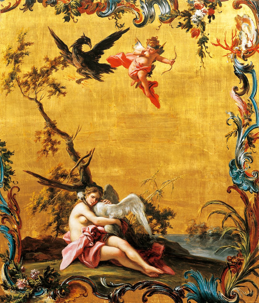 Leda ve Kuğu, Filippo Falciatore (aktif 1737-1768), panel üzerine yağlı boya. by Filippo Falciatore