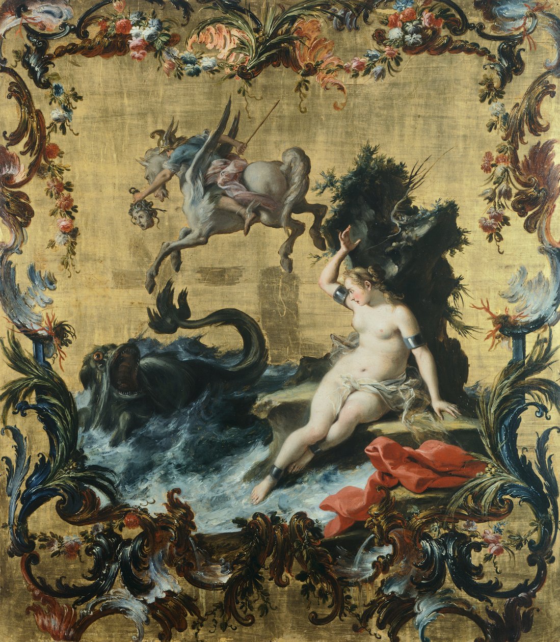 Perseus, Andromeda'yı deniz canavarından kurtarıyor, Filippo Falciatore (aktif 1728-1768), panel üzerine yağlı boya. by Filippo Falciatore