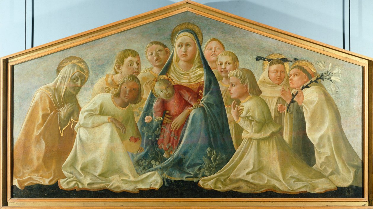 Trivulzio Madonna veya Madonna of Humility with Angels and Carmelite Saints, Filippo Lippi (yaklaşık 1406-1469), tempera on panel, 85x168 cm by Filippo Lippi