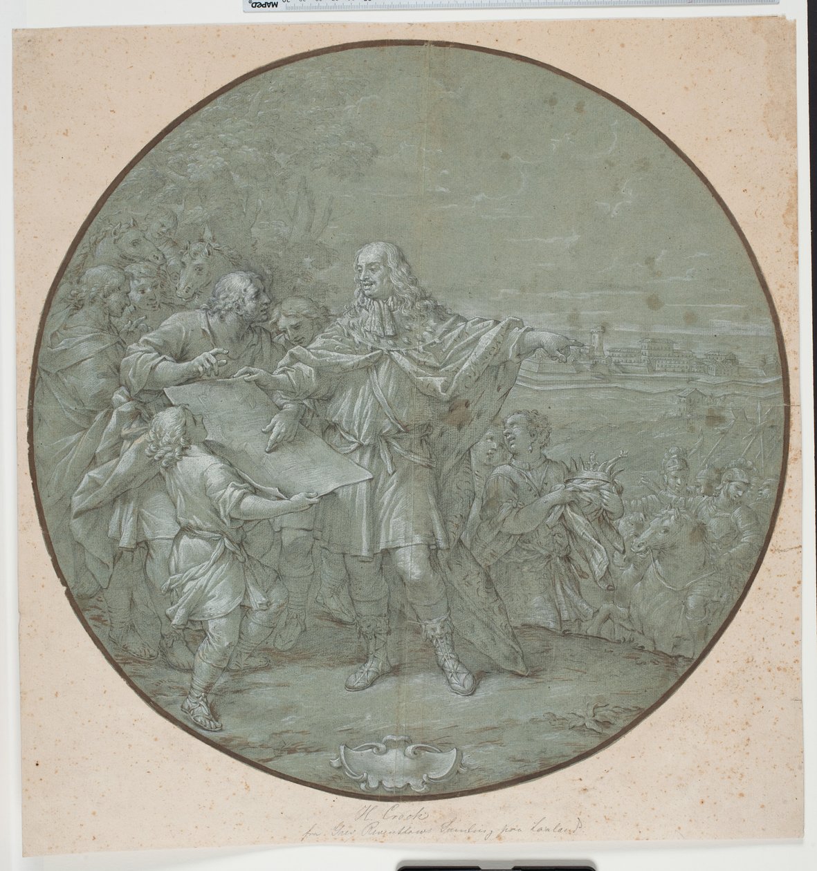 Cosimo III, Livorno limanını güçlendiriyor. "Piatti di S. Giovanni" olarak adlandırılan gümüş tabak için tasarlanmış şablon by Filippo Luzi