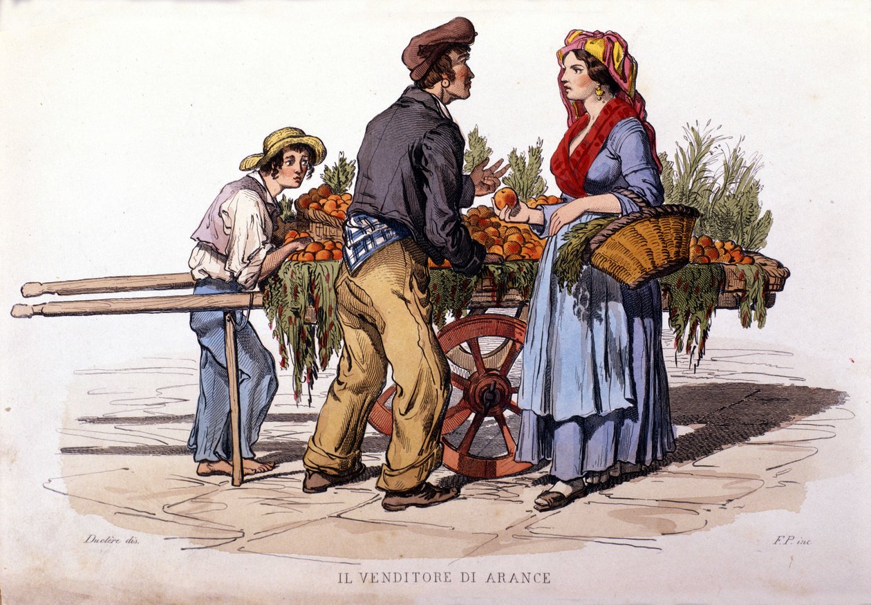 Napoli şehrinden Kleingewerbe: yürüyen portakal satıcısı. F. Palizza'nın bir tablosundan sonra gravür. Francesco de Bourcard'ın bir çalışmasından “” Costumi del regno di Napoli”” by Filippo Palizzi