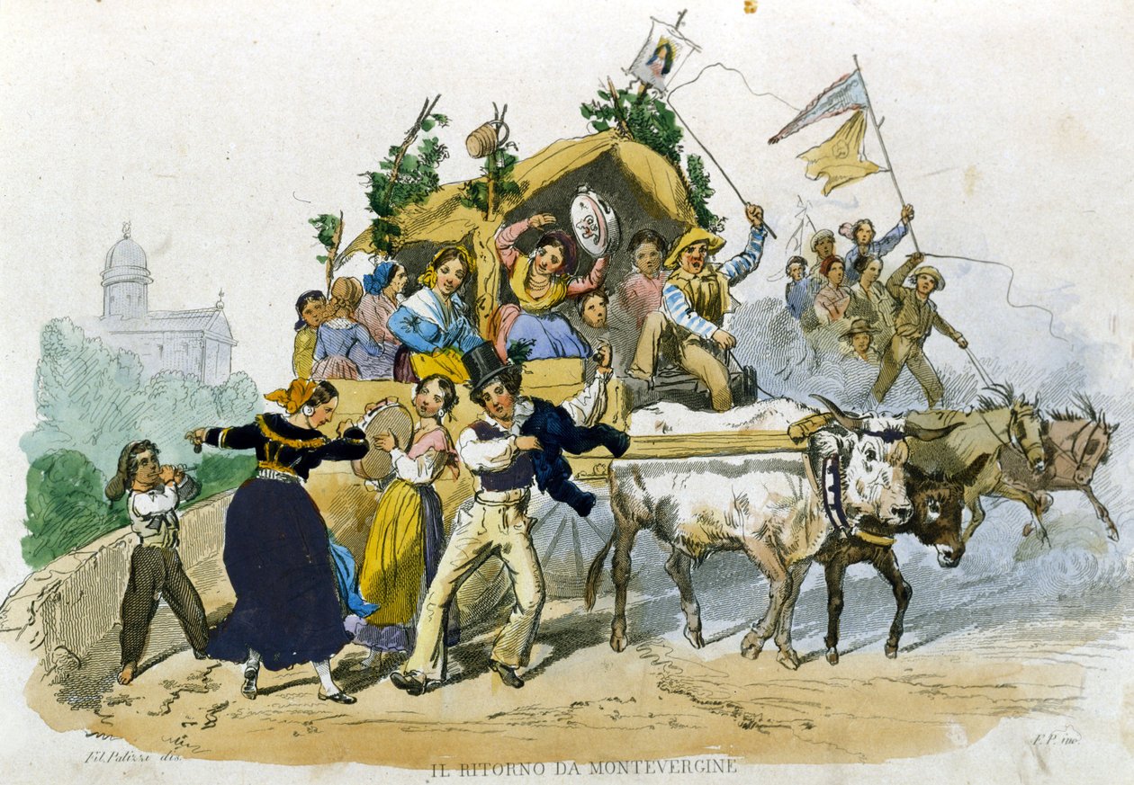 Napolililer, Montevergine gezisinden neşeyle dönüyorlar. De Bourcard'ın “Costumi del regno di Napoli” adlı eserinden F. Palizzi'nin çizimi by Filippo Palizzi