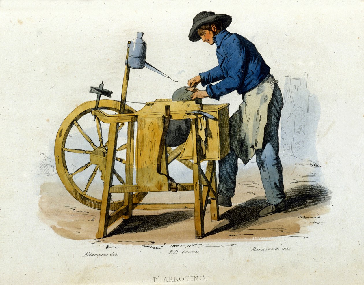 Napoli şehrinin küçük işletmesi: bıçak bileyici. F. Palizza'nın bir tablosundan sonra gravür. Francesco de Bourcard'ın bir çalışmasından “” Costumi del regno di Napoli”” by Filippo Palizzi