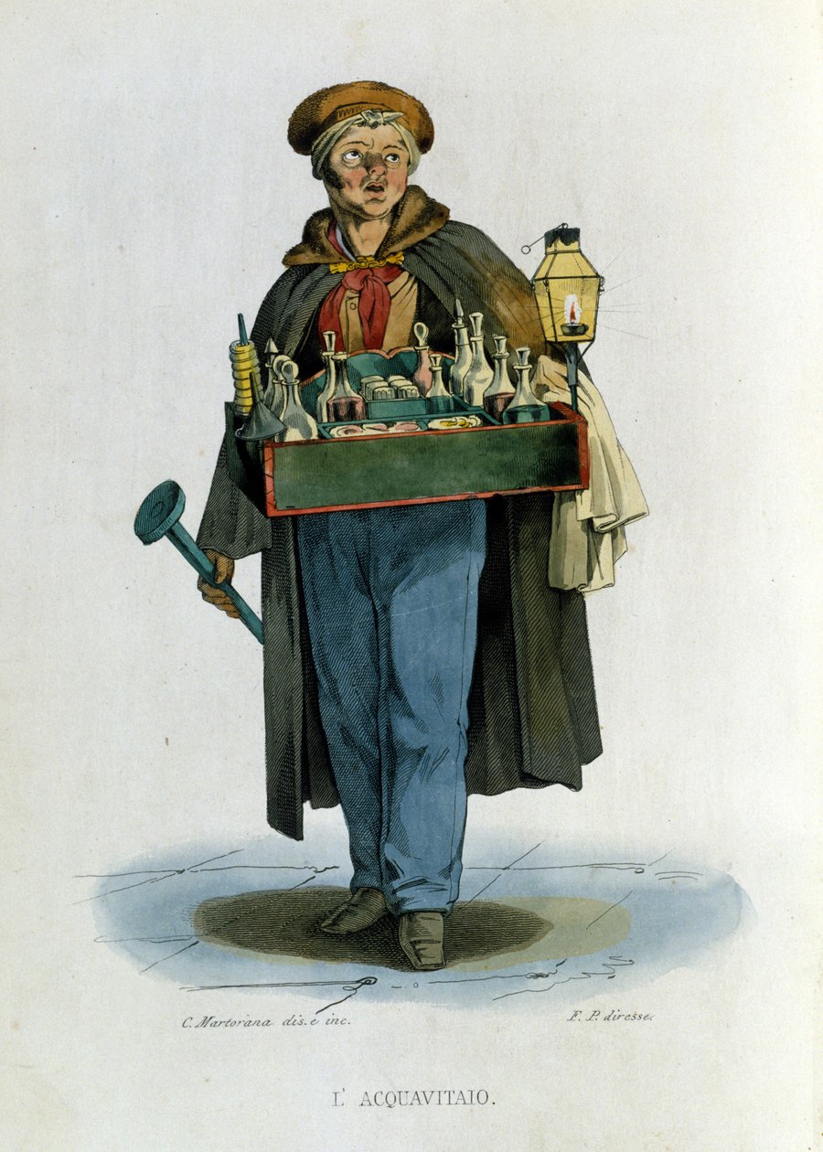 Napoli şehrinin küçük işletmesi: gezgin bir brendi satıcısı. F. Palizza'nın bir tablosundan sonra gravür. Francesco de Bourcard'ın bir çalışmasından “” Costumi del regno di Napoli”” by Filippo Palizzi
