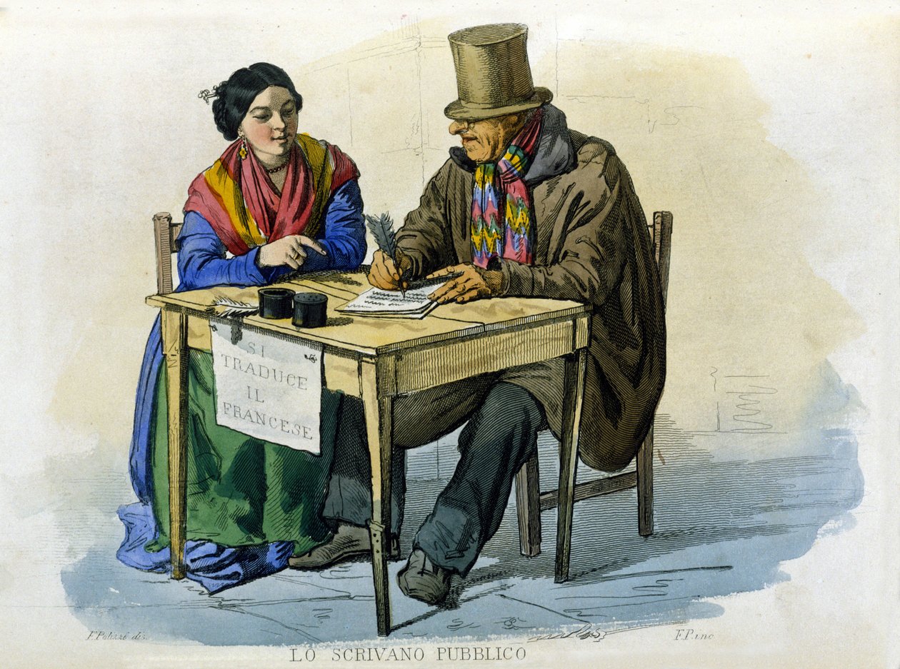 Napoli şehrinin küçük işletmesi: kamu yazarı. F. Palizza'nın bir resminden sonra gravür. Francesco de Bourcard'ın bir çalışmasından “” Costumi del regno di Napoli”” by Filippo Palizzi