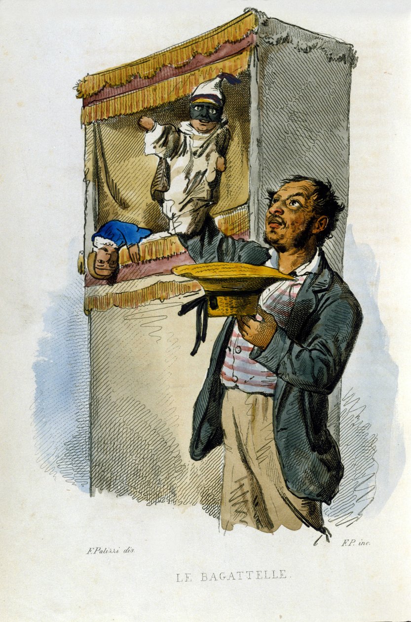 Napoli şehrinin küçük işletmesi: kuklacı. F. Palizza'nın bir resminden sonra gravür. Francesco de Bourcard'ın bir çalışmasından “” Costumi del regno di Napoli”” by Filippo Palizzi
