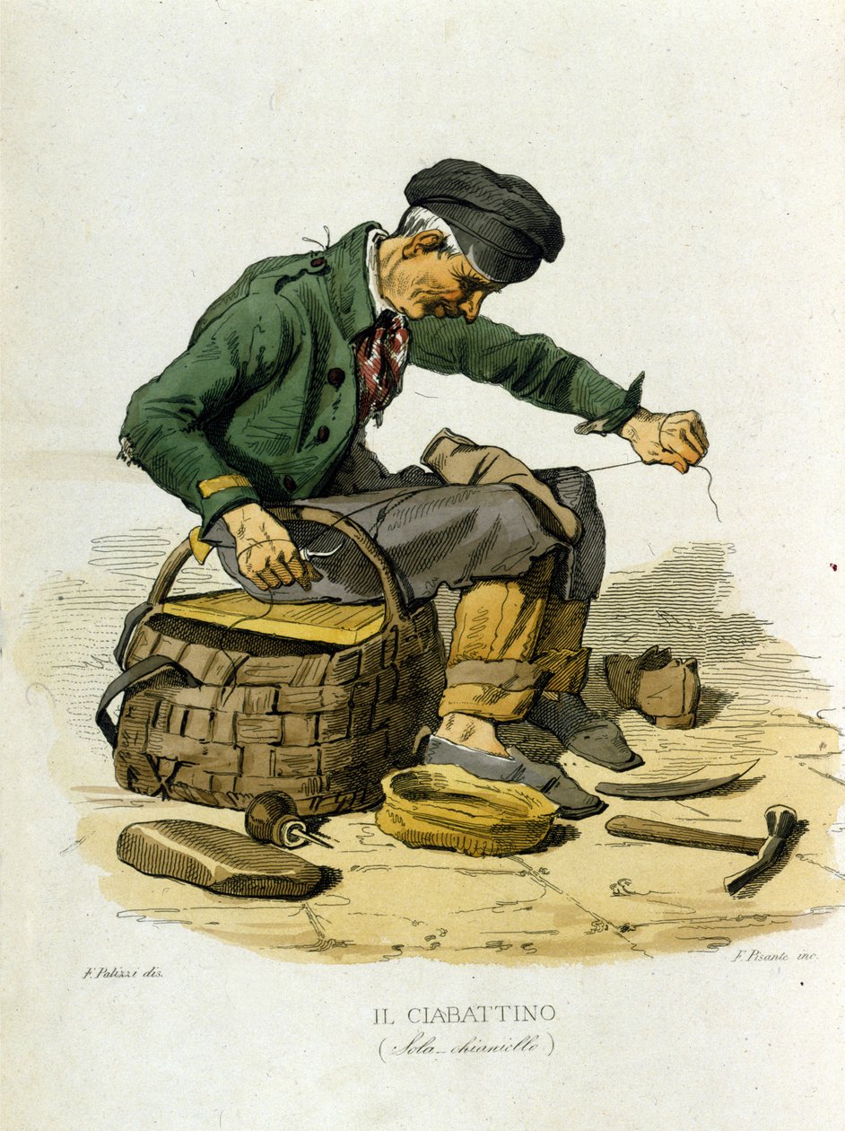 Napoli şehrinin küçük işletmesi: tasarruflu. F. Palizza'nın bir tablosundan sonra gravür. Francesco de Bourcard'ın bir çalışmasından “” Costumi del regno di Napoli”” by Filippo Palizzi